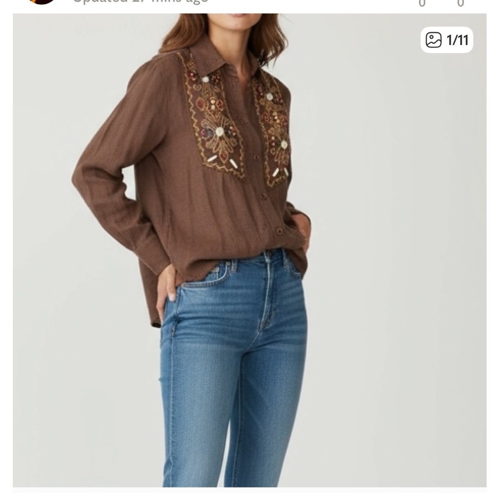 BYBLOS beaded western linen size 40 Brown Long sleeve button down blouse‎ top